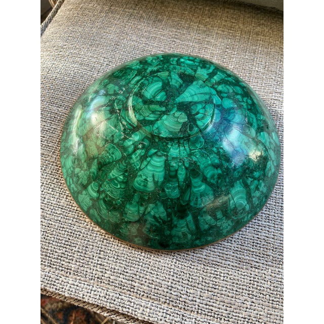 Modern Malachite Bowl With Brass Trim Beautiful Highlights For Sale - Image 3 of 5