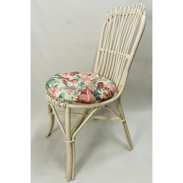 Shabby Chic White Wicker Accent Chairs With Floral Cushions a Pair For Sale - Image 3 of 9