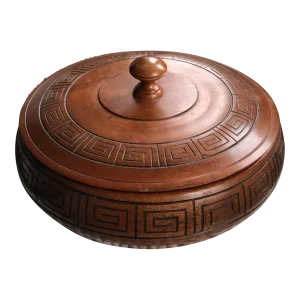 Vintage Mid-Century Modern Turned Wood Lidded Box With Greek Key Design