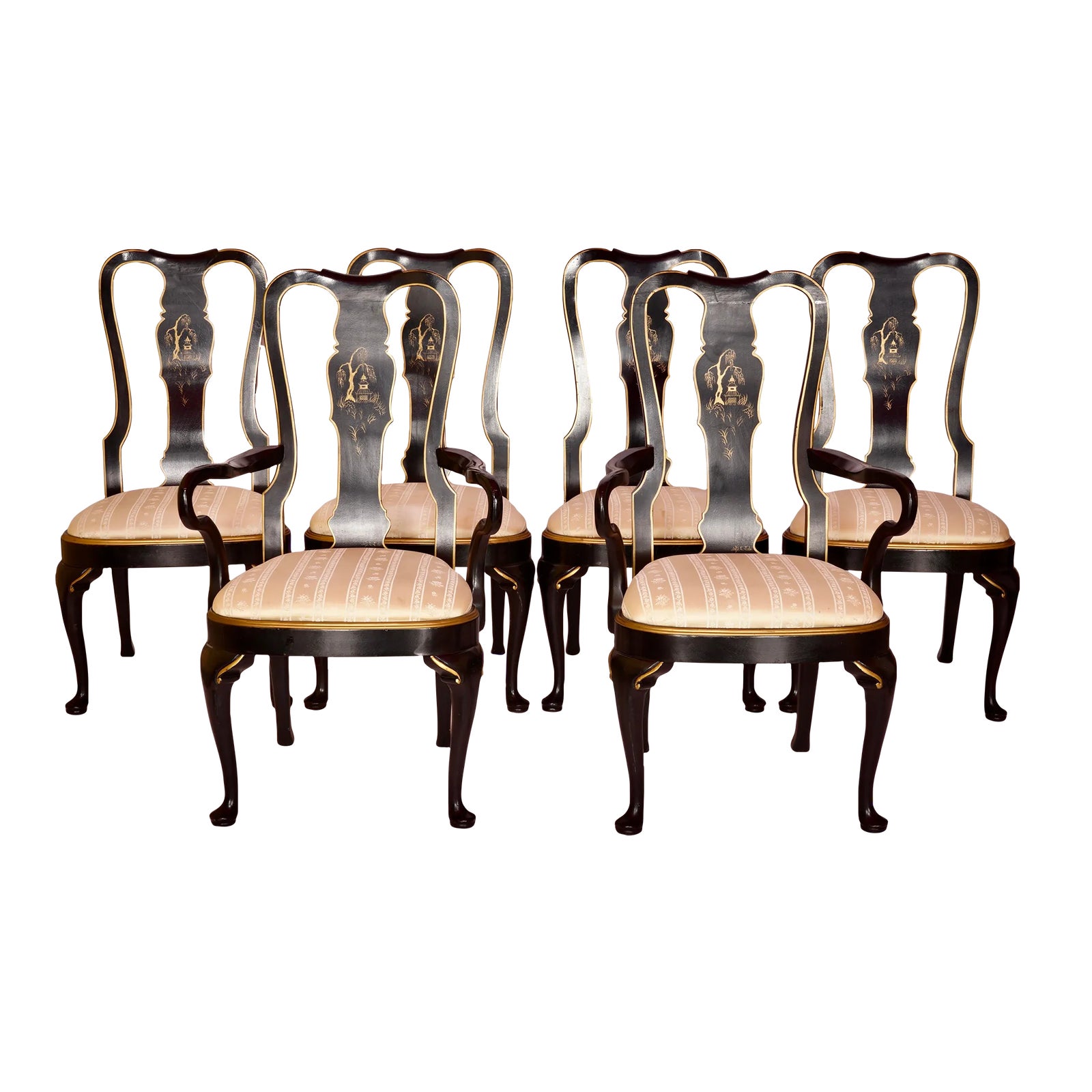 1980s Chinoiserie Black Lacquer Dining Chairs in the Style of Drexel