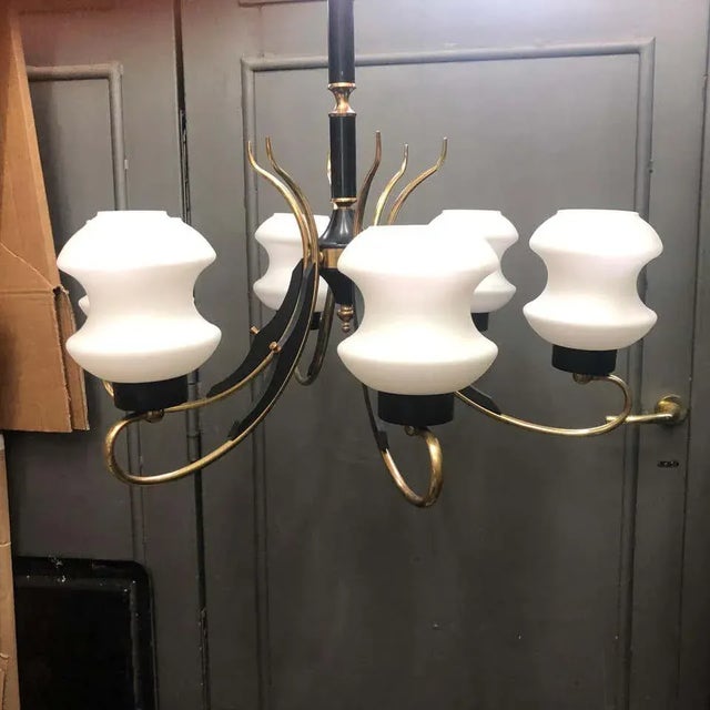 Stilnovo 1950s Italian Mid-Century Modern Brass Ebonized Wood and White Glass Chandelier For Sale - Image 4 of 13