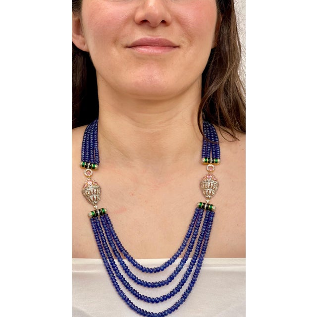 575 Ct Natural Tanzanite Bead Four Strand Necklace + 6.5 Ct Diamond 14 K Y Gold For Sale - Image 12 of 18
