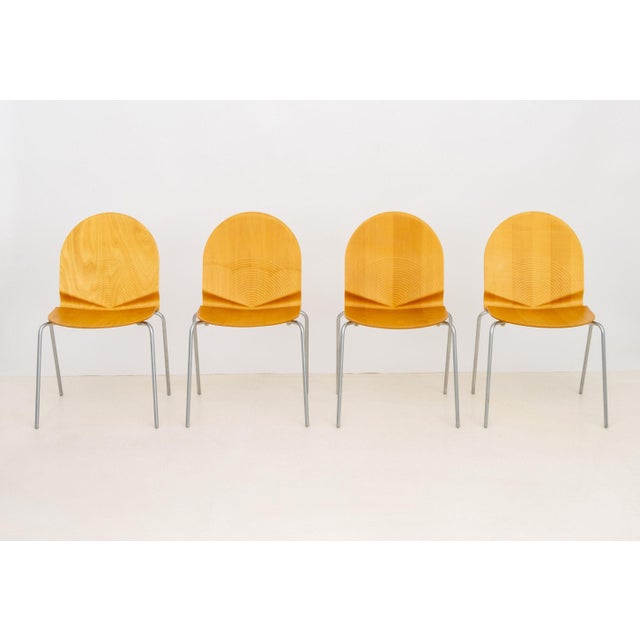 Set of Six Nanna Ditzel for Frederica Furniture "Sonar" Chairs, each with maple bentwood seat on chrome-plated bases,...