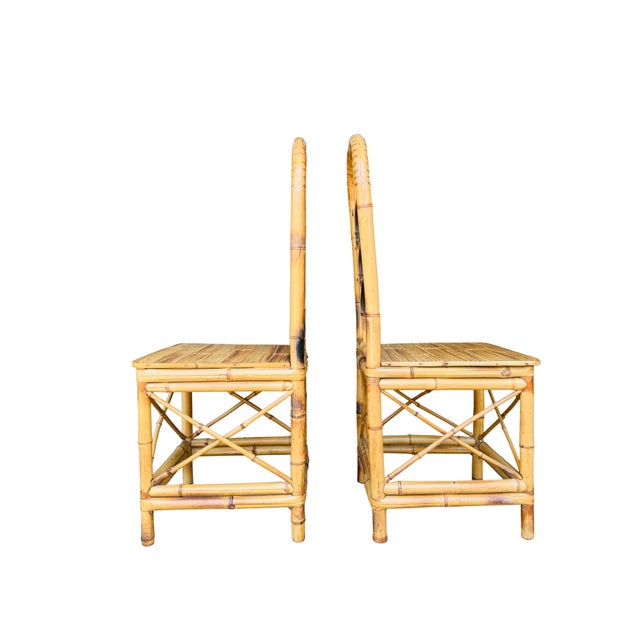 Pair of Vintage Hollywood Regency Bamboo & Rattan Dining Chairs | Palm Beach Coastal Chinoiserie Bent Bamboo High-Back Accent Chairs For Sale - Image 6 of 13