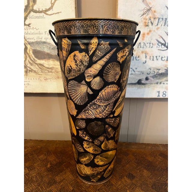 Vintage English Planter Jardiniere Urn Shell Decoupage Black Tole Coastal Décor. Direct from southern England, a striking...