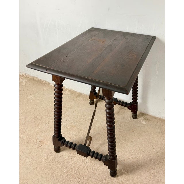 Spanish Barley Twist Side Table with Wrought Iron Stretchers, 1930s For Sale - Image 10 of 11