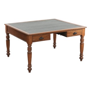 Antique Partner Desk with Drawers and Green Leather Top For Sale