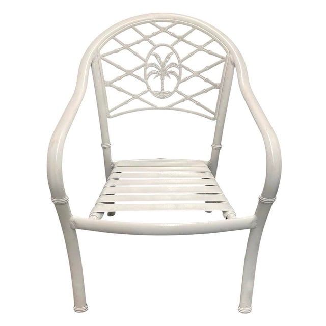 Hollywood Regency Vintage Hollywood Regency White Aluminum Palm Tree & Faux Bamboo Armchair For Sale - Image 3 of 12