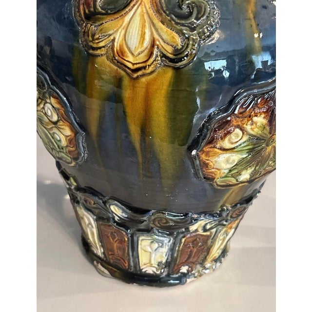 Antique Cobalt Blue Sancai Glaze Style Urn 1970’s Reproduction Vase Majolica Pottery 11" High X 10" For Sale - Image 12 of 12