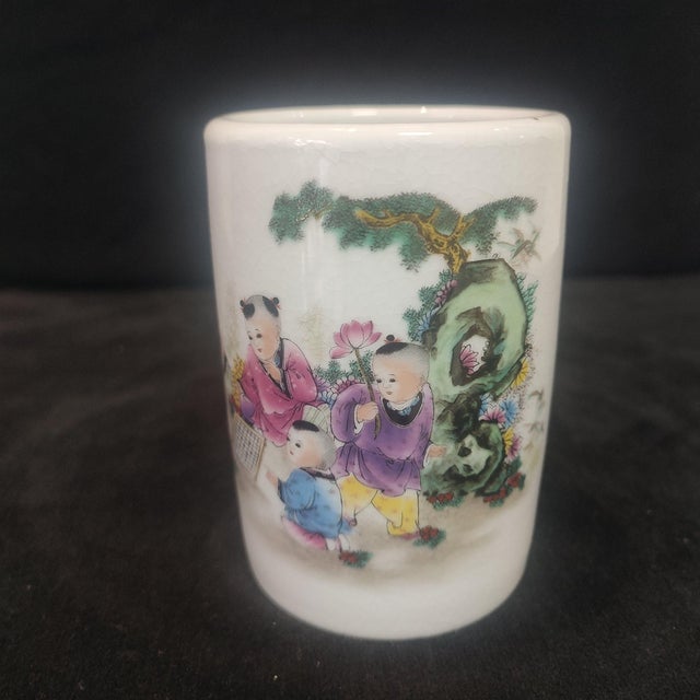 Art Deco Chinese Ceramic Pot,Famille Rose Porcelain Brush Pot Hand Painted Playing Children Pattern For Sale - Image 3 of 10