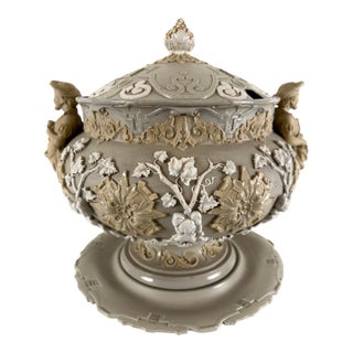 Antique Continental Bisque Punch Bowl or Wine Server Tureen With Bacchus Relief & Grape Finial, Late 19th Century For Sale