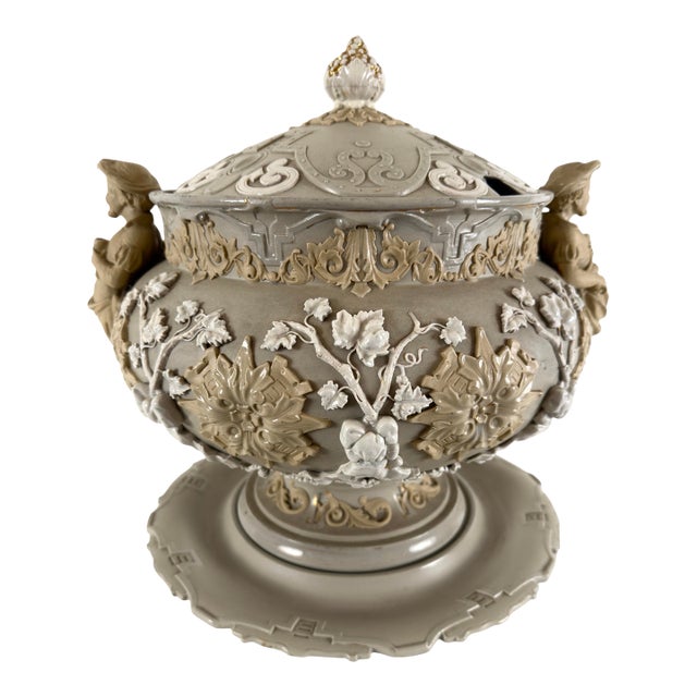Antique Continental Bisque Punch Bowl or Wine Server Tureen With Bacchus Relief & Grape Finial, Late 19th Century For Sale