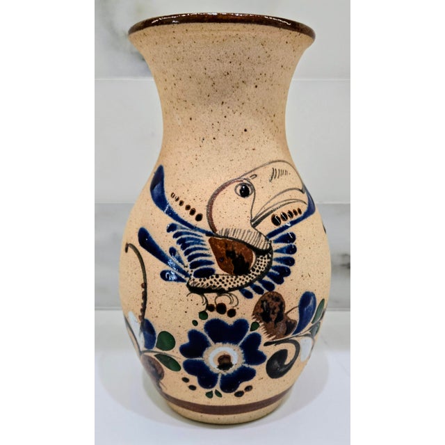 Charming vintage Mexican studio pottery vase crafted from warm, speckled sandstone clay and decorated in the Tonalá folk...