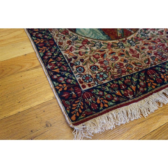 1900s Red Rust Calligraphy Pictorial Figure Antique Kerman Lavar Rug 1'10" X 2'10" Handknotted Wool Carpet For Sale - Image 4 of 8