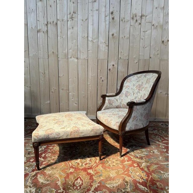 Wood Set of Louis XVI Gondola Armchair and Ottoman in Mahogany For Sale - Image 7 of 7