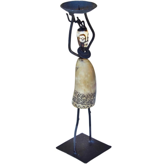 Tribal Vintage Handmade & Patterned West-African Horn Candleholder Figurine For Sale - Image 3 of 7