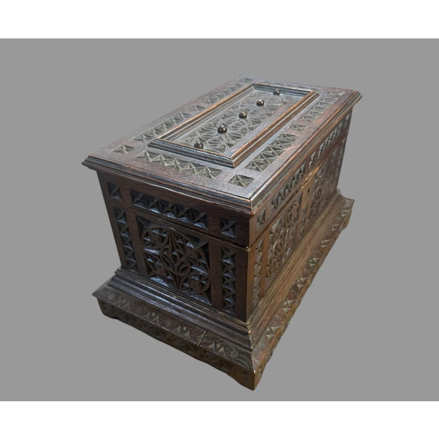 Antique Folk Art Chip Carved Wood Box Tramp Art Jewelry Casket Box 15.5” Wide For Sale - Image 9 of 12