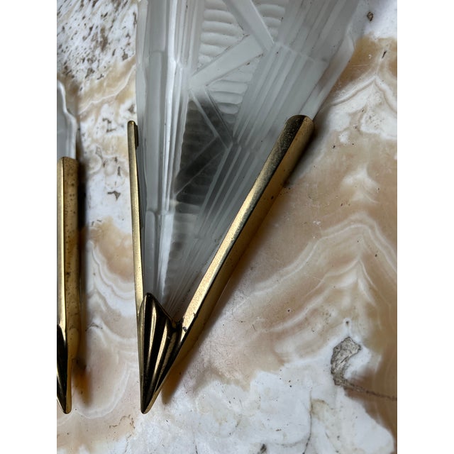 1970s Paris Flea Market, Art Deco Brass Sconces With Detailed Glass - Pair For Sale - Image 12 of 12