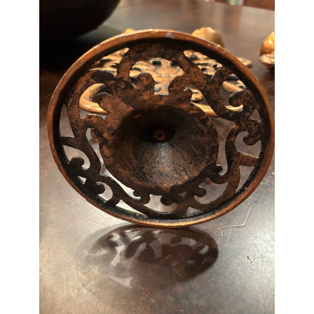 A Pair Vintage Spanish Revival Baroque Rococo Revival C. 1960's Copper and Cast Metal Candlesticks With Antiqued Copper Finish, European Revival Style For Sale In San Diego - Image 6 of 9