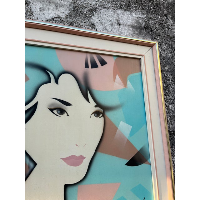 Post Modern Oil Painting in the Patrick Nagel Style, Framed and Signed by the Artist. Circa 1980s. For Sale - Image 13 of 15