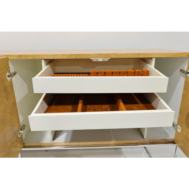 Brown Mid 20th Century Burled Olivewood Sideboard on Chrome Base Attributed to Milo Baughman For Sale - Image 8 of 11