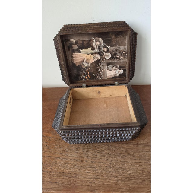 Antique Tramp Art Box, Hand Carved Wooden Keepsake Box, Chip Carved Folk Art Jewelry Box, Primitive Storage Casket, Black Forest Style Decor For Sale - Image 12 of 12
