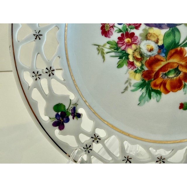 Pair of Antique German Dresden Porcelain Reticulated Cabinet Plates With Floral Decoration For Sale - Image 9 of 16