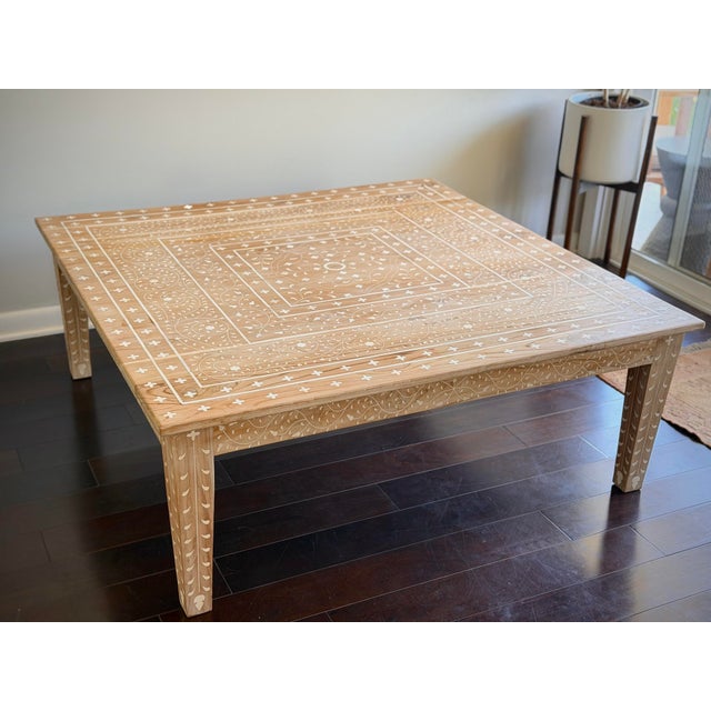 48” Extra Large Modern Organic Made Goods Tamsin Teak Bone Inlay Coffee Table, Hand Carved Inlay For Sale - Image 12 of 12