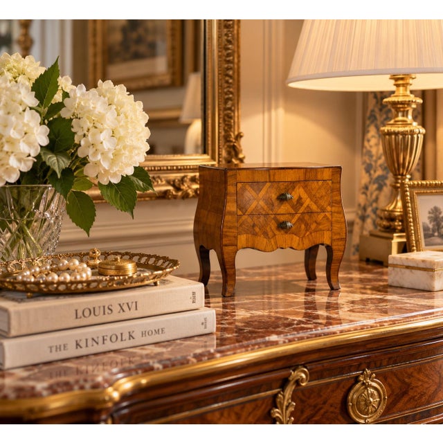 Charming vintage Italian miniature chest crafted in richly figured burl olive wood with intricate geometric parquetry...