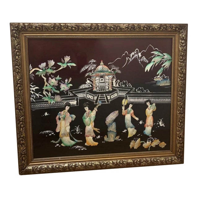 Vintage Geisha Musicians Black & Deep Burgundy Lacquer Mother of Pearl Framed Wall Art For Sale