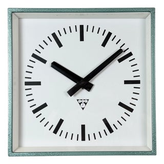 Industrial Square Green Wall Clock from Pragotron, 1980s For Sale