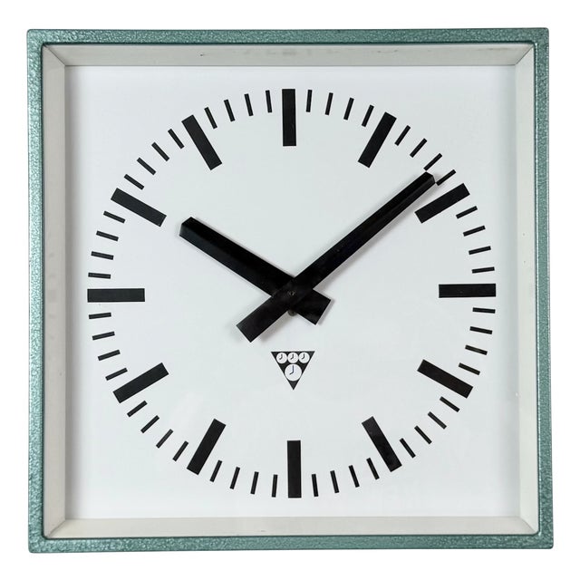 Industrial Square Green Wall Clock from Pragotron, 1980s For Sale