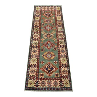 Kazak Runner 2’3” X 6′ Green Wool Tribal Hand-Knotted Oriental Rug For Sale