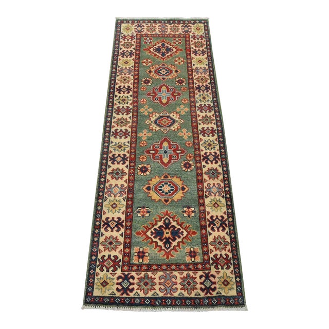 Kazak Runner 2’3” X 6′ Green Wool Tribal Hand-Knotted Oriental Rug For Sale