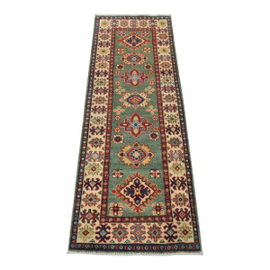 Kazak Runner 2’3” X 6′ Green Wool Tribal Hand-Knotted Oriental Rug