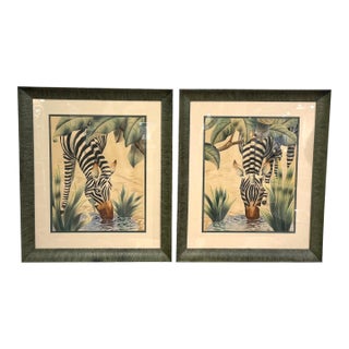 Pair of Art Deco Zebra Watercolor Gouaches by Shirrell Graves in Verde Frames For Sale