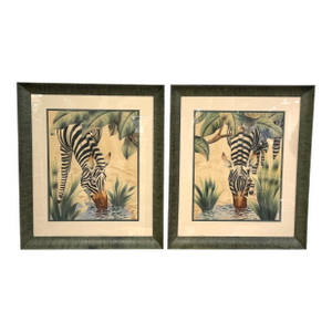 Pair of Art Deco Zebra Watercolor Gouaches by Shirrell Graves in Verde Frames