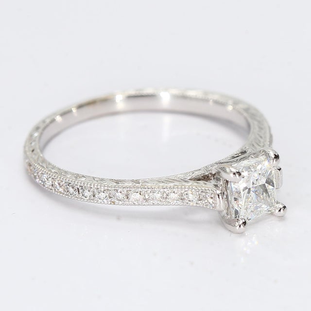 18k White Gold Solitaire Ring With a Princess Cut Center Diamond & Filigree Band, Size 5.75 For Sale - Image 4 of 5