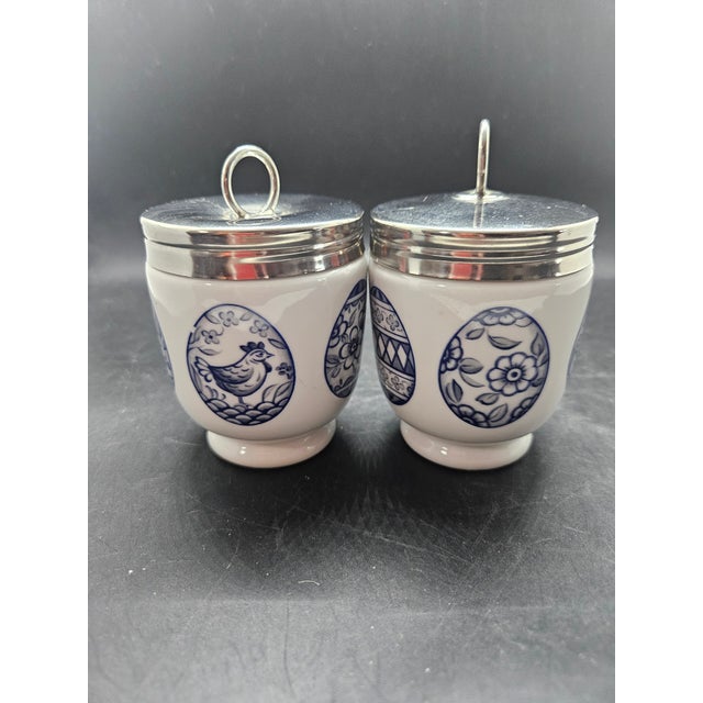 Mid-Century Modern Set of Two, Vintage Royal Worcester Porcelain Egg Coddler, "Eggs (Blue)" Pattern For Sale - Image 3 of 5