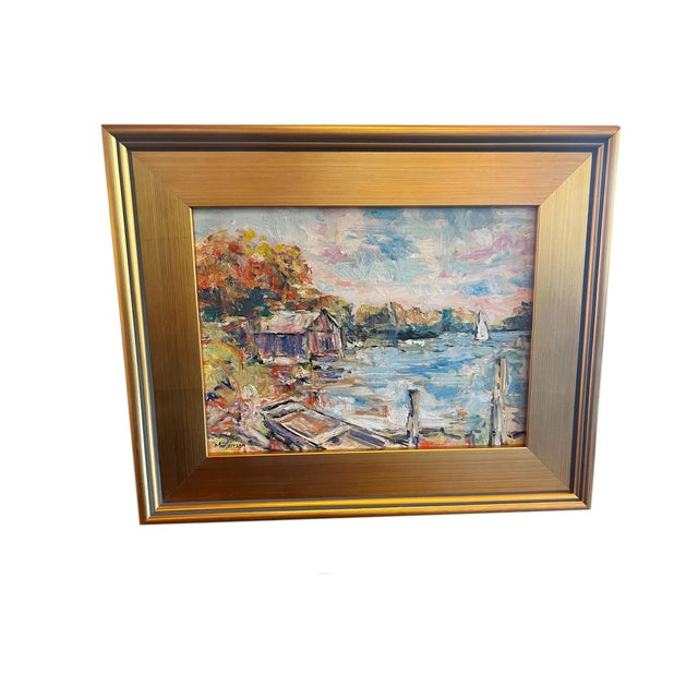 Impressionist Impressionist Lake Boathouse Painting Signed Mortensen For Sale - Image 3 of 7