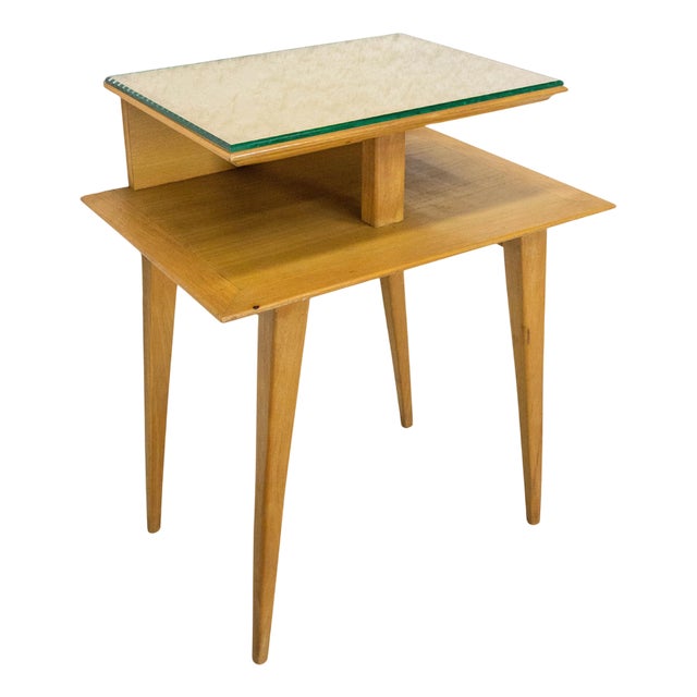 French Nightstand in Elm & Beveled Glass with Compas Feet, 1950s For Sale