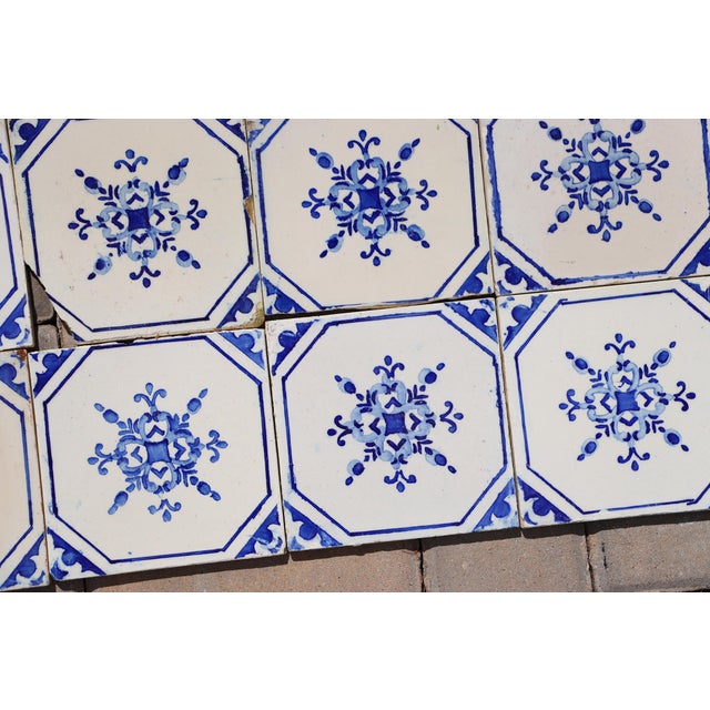 Antique 1920s Portuguese Ceramic Tiles With Stylized Art Deco Rosette Motif Set of 14 For Sale - Image 14 of 18