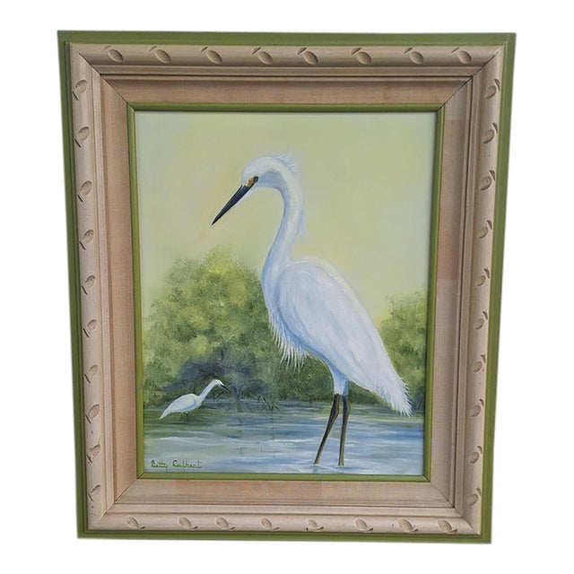 1976 Coastal White Egret Oil Painting – Framed Accent Piece For Sale