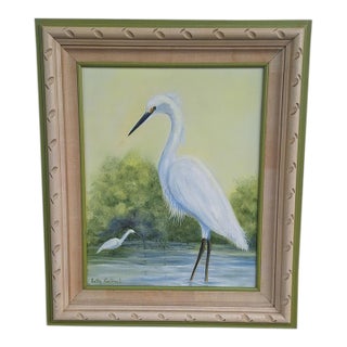 Vintage 1976 Coastal White Egret Oil Painting – Framed Accent Piece For Sale