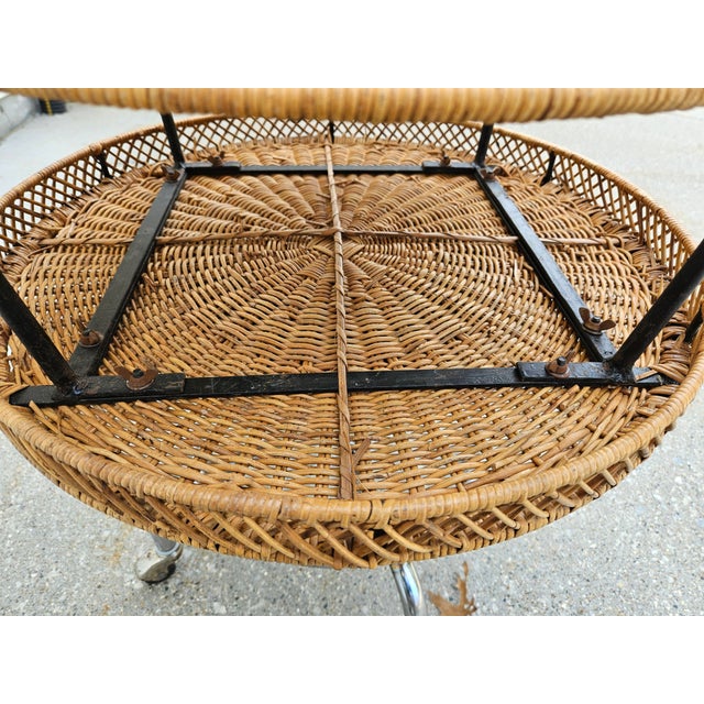 60s Round Wicker Rattan Side Table Brass Ball Feet For Sale - Image 12 of 14