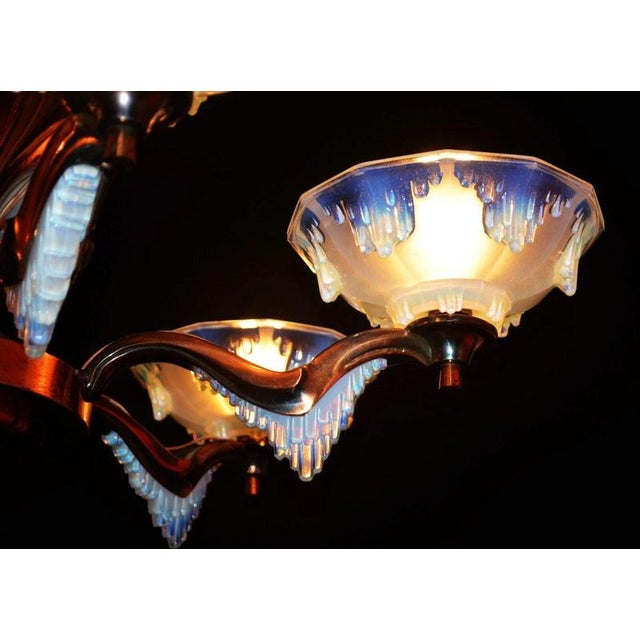 French Art Deco Ezan Six-Light Opalescent Glass Stalactite Chandelier, 1930 For Sale - Image 13 of 18