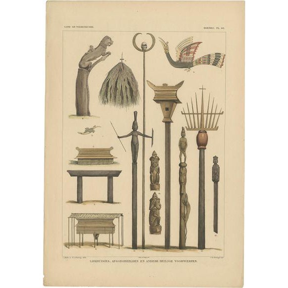 C.J. Temminck, Illustration of Religious Items from Borneo, Indonesia, 1840, Print For Sale