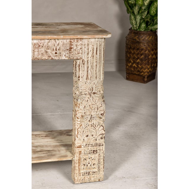 Mughal Style Whitewash Console Table with Carved Apron and Lower Shelf For Sale - Image 11 of 12