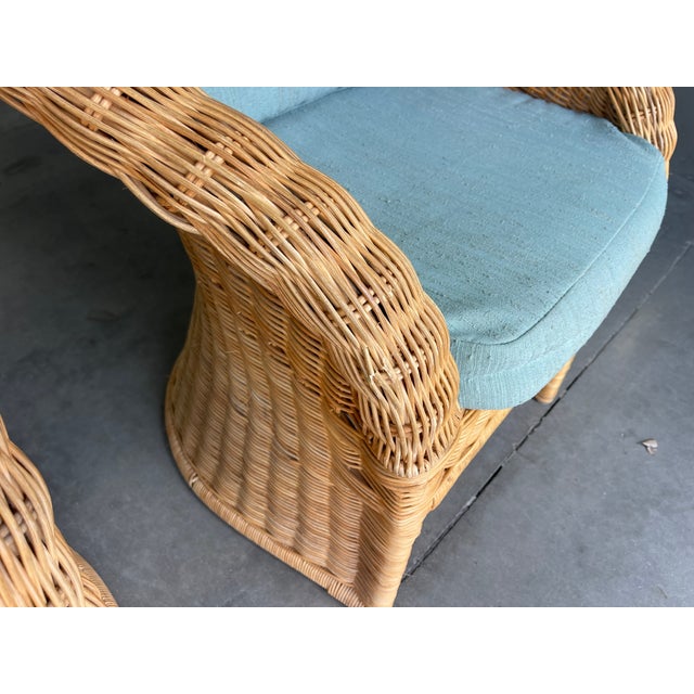 Vintage Organic Modern Wicker Pedestal Dining Table & 4 Barrel Chairs, 48” Glass Top For Sale - Image 14 of 17