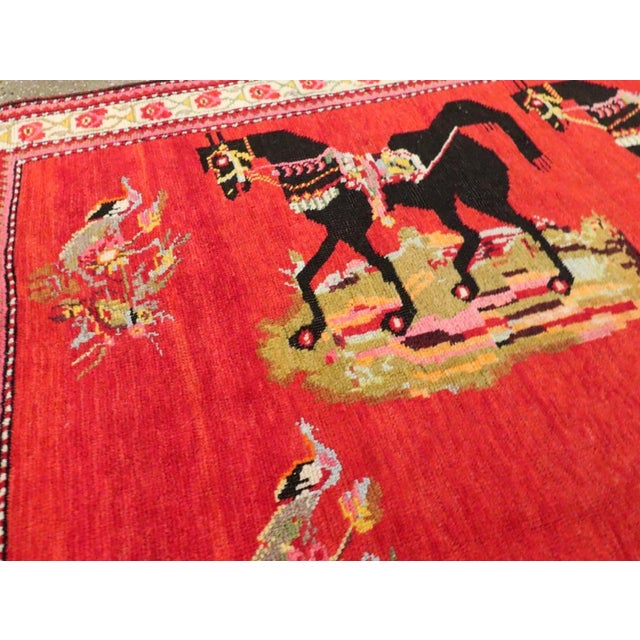 Rustic Galerie Shabab Collection Mid-20th Century Handmade Caucasian Karabagh Pictorial Accent Rug For Sale - Image 3 of 9